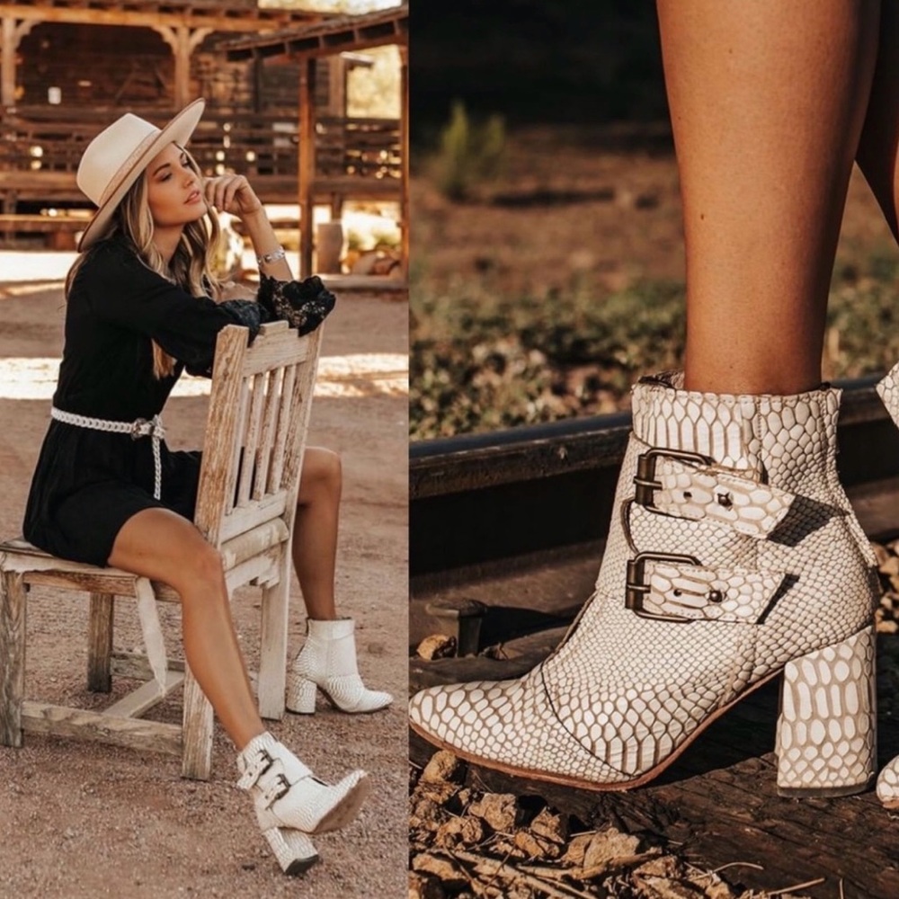 FREEBIRD Joey White Snake Croc-Embossed Ankle Boots